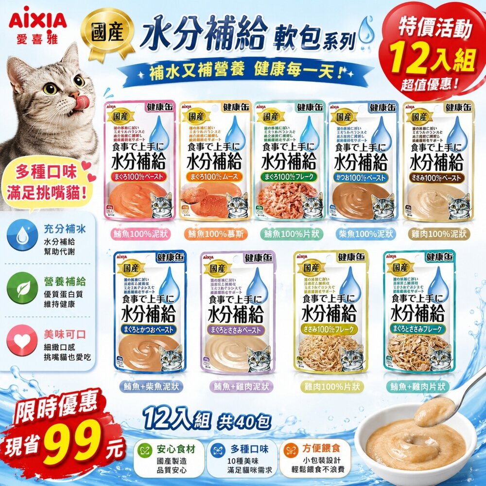 15319067624-AIXIA 愛喜雅 水分補給軟包 40g【12包組】能量補給軟包 口腔保健 健康補給軟包 水分補給 貓餐包『WANG』