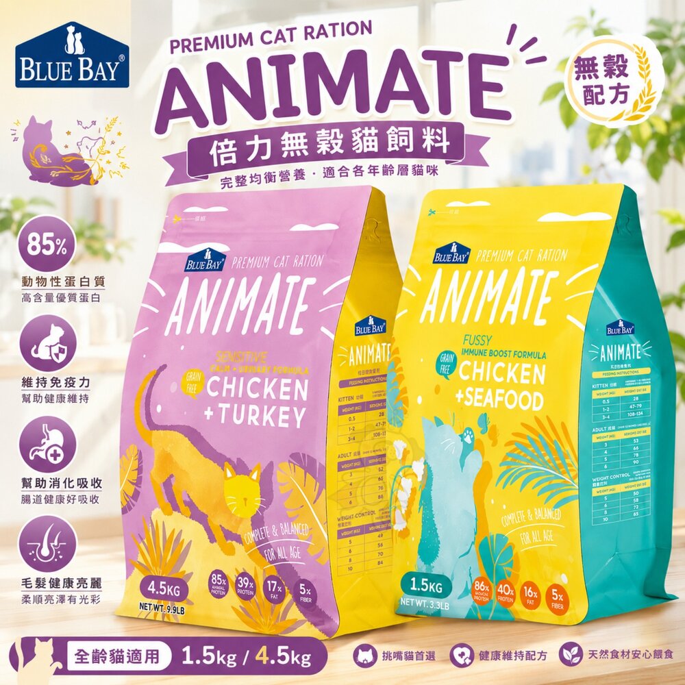 1587186078-BLUE BAY 倍力 Animate 無穀貓飼料 1.5kg/4.5kg 貓主食 貓乾糧 貓飼料『WANG』
