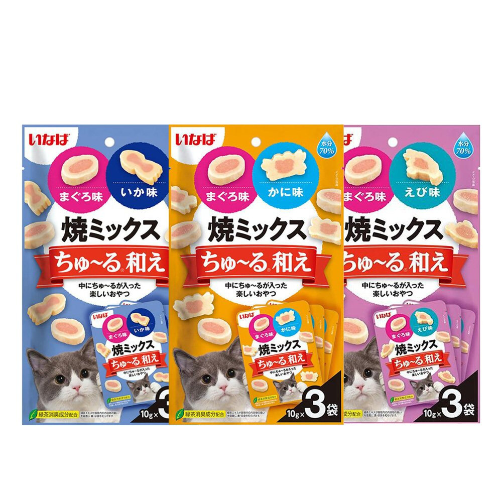 日本 CIAO INABA 綜合味肉泥夾心燒 10gx3入/包 軟零食70%水分 公司貨 貓點心 貓零食『WANG』-圖片-1
