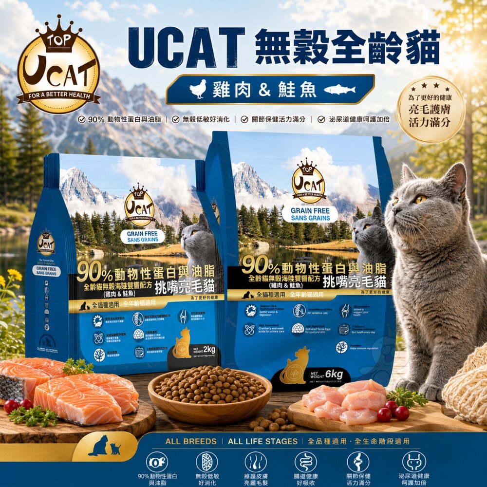 21181353890-UCAT 天然無穀全齡貓 2kg-6Kg｜雞肉&鮭魚 挑嘴亮毛配方  無穀貓糧 貓乾糧 貓飼料『WANG』