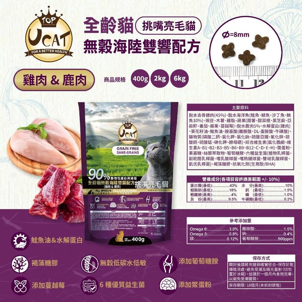 UCAT 天然無穀全齡貓 2kg-6Kg|雞肉&鹿肉 挑嘴亮毛配方 無穀貓糧 貓乾糧 貓飼料『WANG』-圖片-4