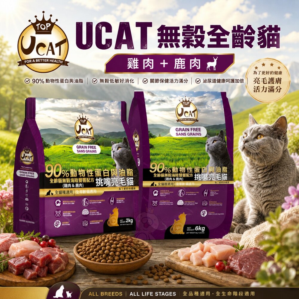 22146813091-UCAT 天然無穀全齡貓 2kg-6Kg｜雞肉&鹿肉 挑嘴亮毛配方  無穀貓糧 貓乾糧 貓飼料『WANG』
