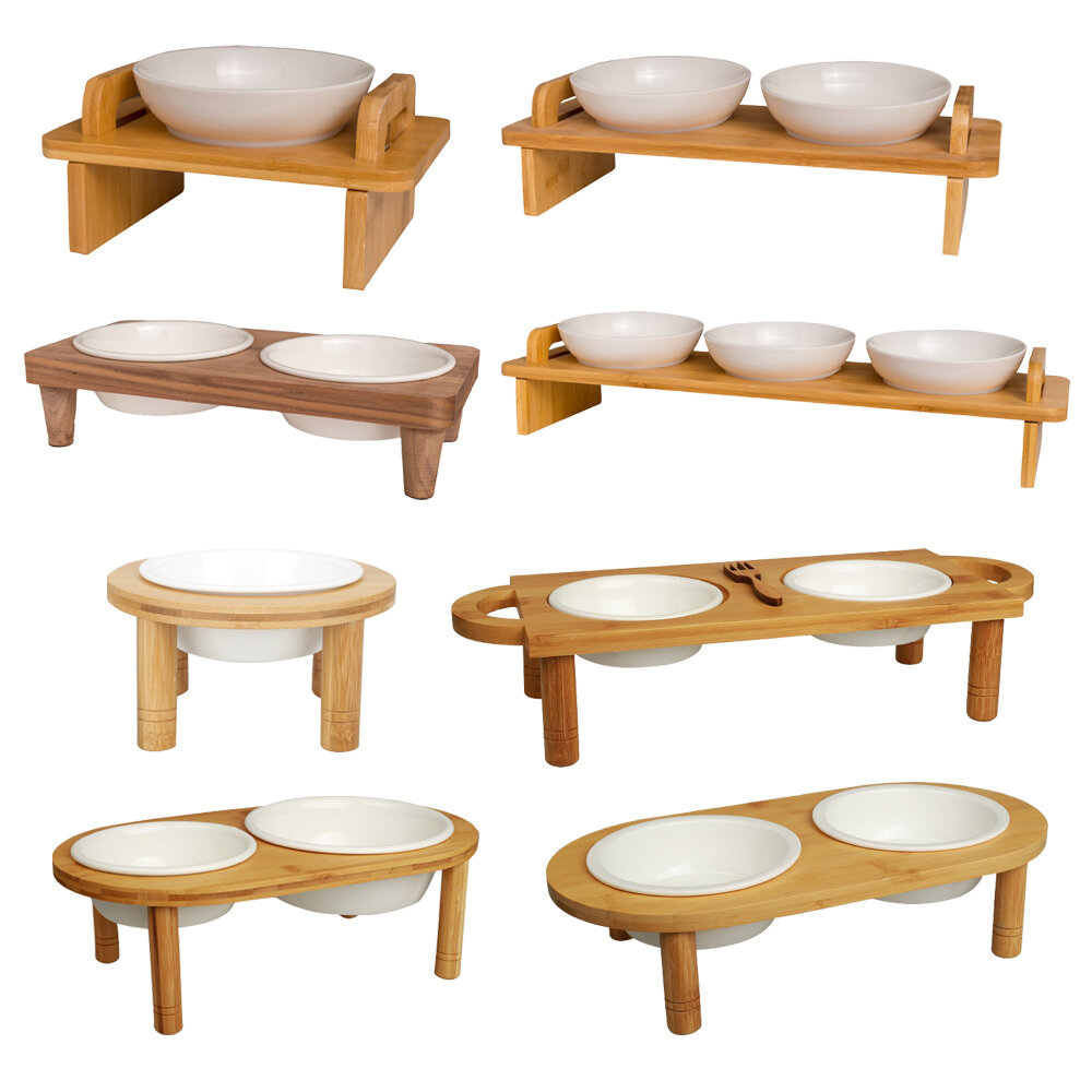 CatFeet 寵物餐碗 好好吃飯組 黑胡桃木製方形高腳雙碗 圓形高腳單碗 造型高腳單碗『WANG』-圖片-1