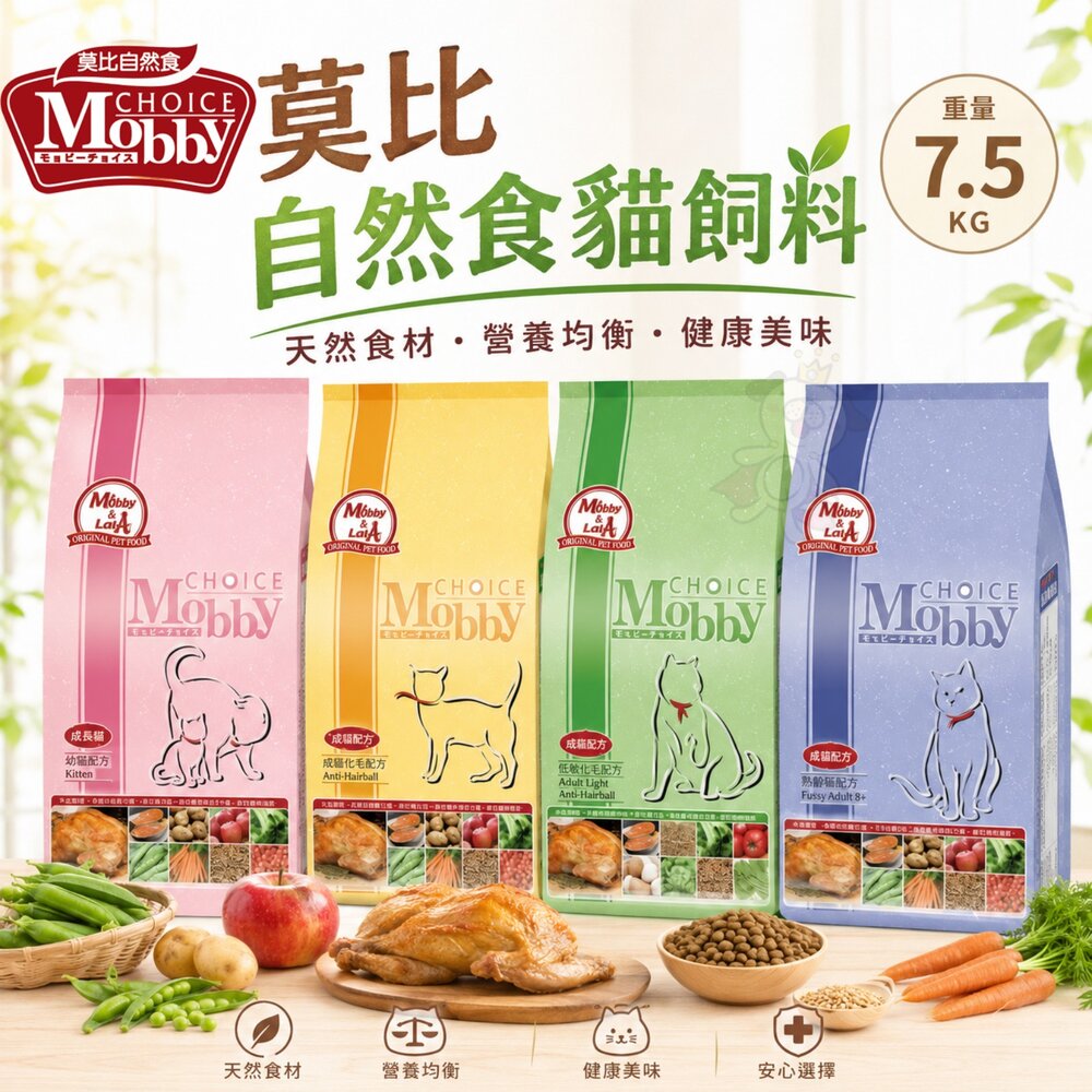 23186549666-MobbyChoice 莫比 自然食 貓糧 7.5KG 幼母貓/低卡/化毛/挑嘴貓 貓飼料『WANG』