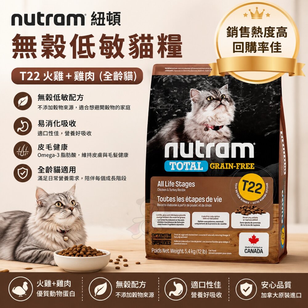 233760291-加拿大 Nutram 紐頓 無穀挑嘴全齡貓糧 T22 火雞+雞肉 貓乾糧 貓主食 貓飼料『WANG』