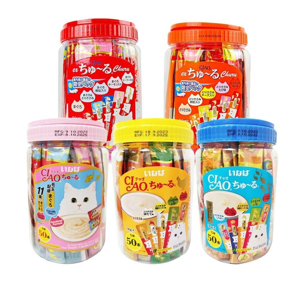 Ciao 桶裝 啾嚕肉泥 50入桶裝 鮪魚綜合海陸 雞肉綜合海鮮 條狀包裝 紅桶 橘桶 貓肉泥『WANG』-圖片-1