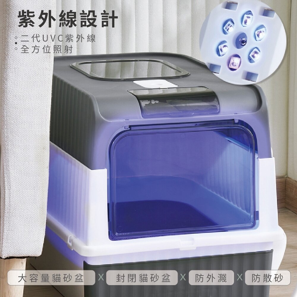 iCat 寵喵樂 紫外線雙門豪華上掀抽屜式B款貓砂盆【台灣極速出貨】送貓砂鏟+除臭包 超大款 貓砂盆『WANG』-圖片-3