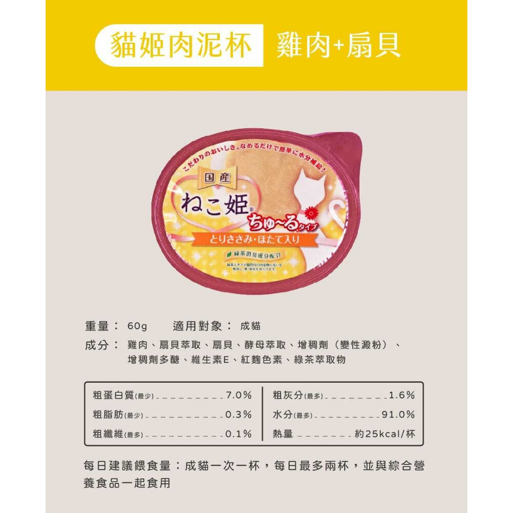 貓姬 貓用肉泥杯 60g【24罐組】成幼貓 肉泥罐 貓點心 貓副食 貓肉泥『WANG』-圖片-4