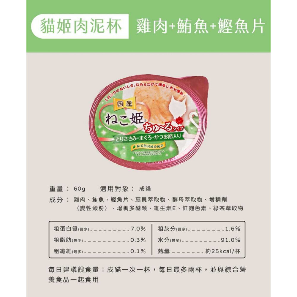 貓姬 貓用肉泥杯 60g【24罐組】成幼貓 肉泥罐 貓點心 貓副食 貓肉泥『WANG』-圖片-6