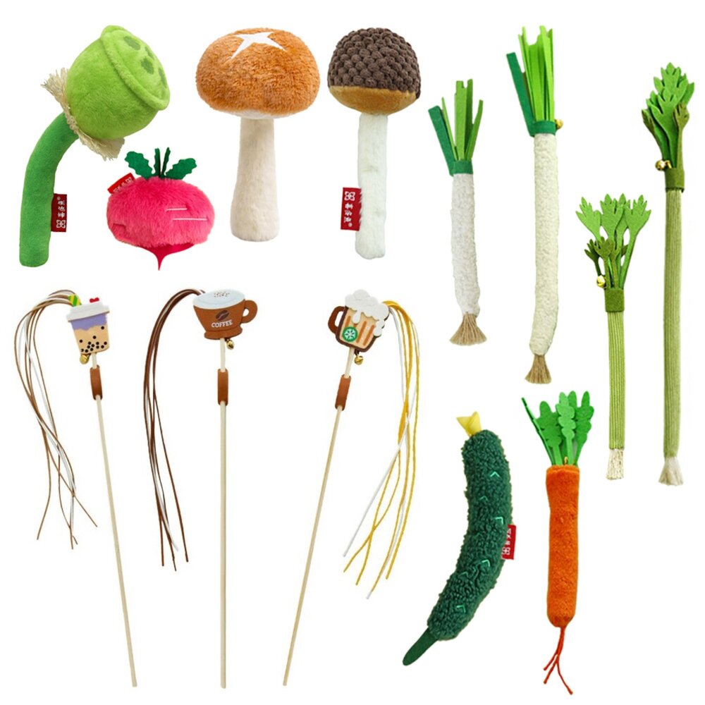 喜多魚貓咪自嗨玩具|長流蘇飲料逗貓棒 木天蓼仿真蔬菜貓玩具 響紙 鈴鐺 貓薄荷-圖片-1