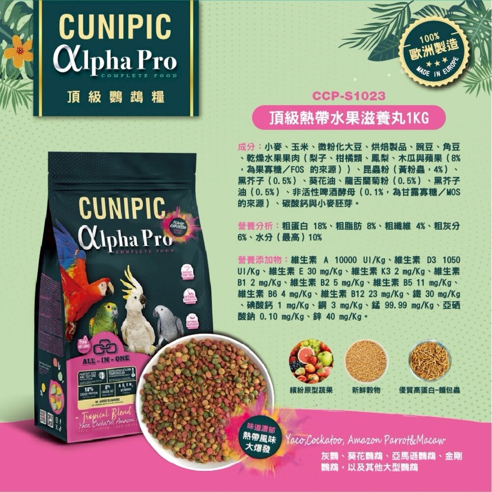 CUNIPIC 頂級鸚鵡糧 alpha Pro系列 1Kg 鳥飼料 鳥主食糧 小動物飼料『WANG』-圖片-4