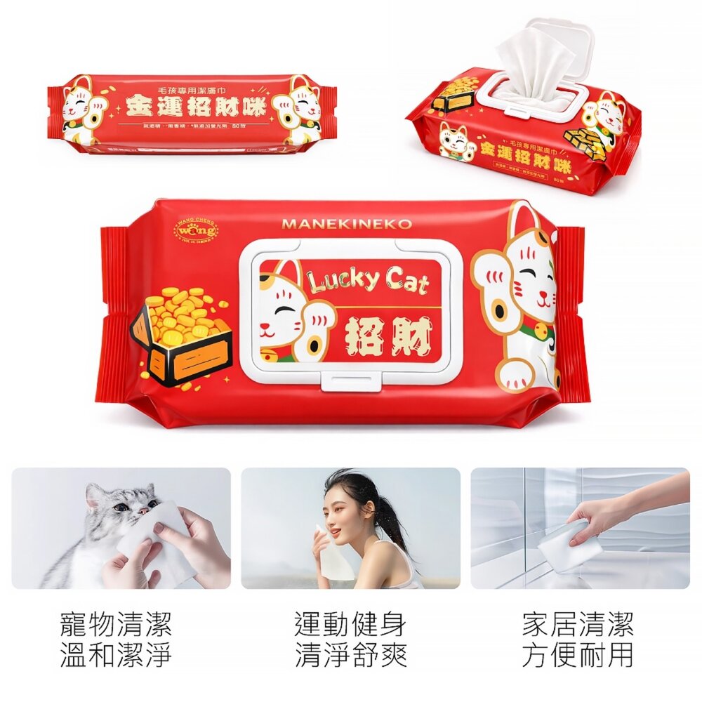 Lucky Cat 招財 金運招財咪濕紙巾 80抽 純水 加厚 耐拉扯 不變形 鎖水保濕 寵物濕紙巾『WANG』-圖片-11