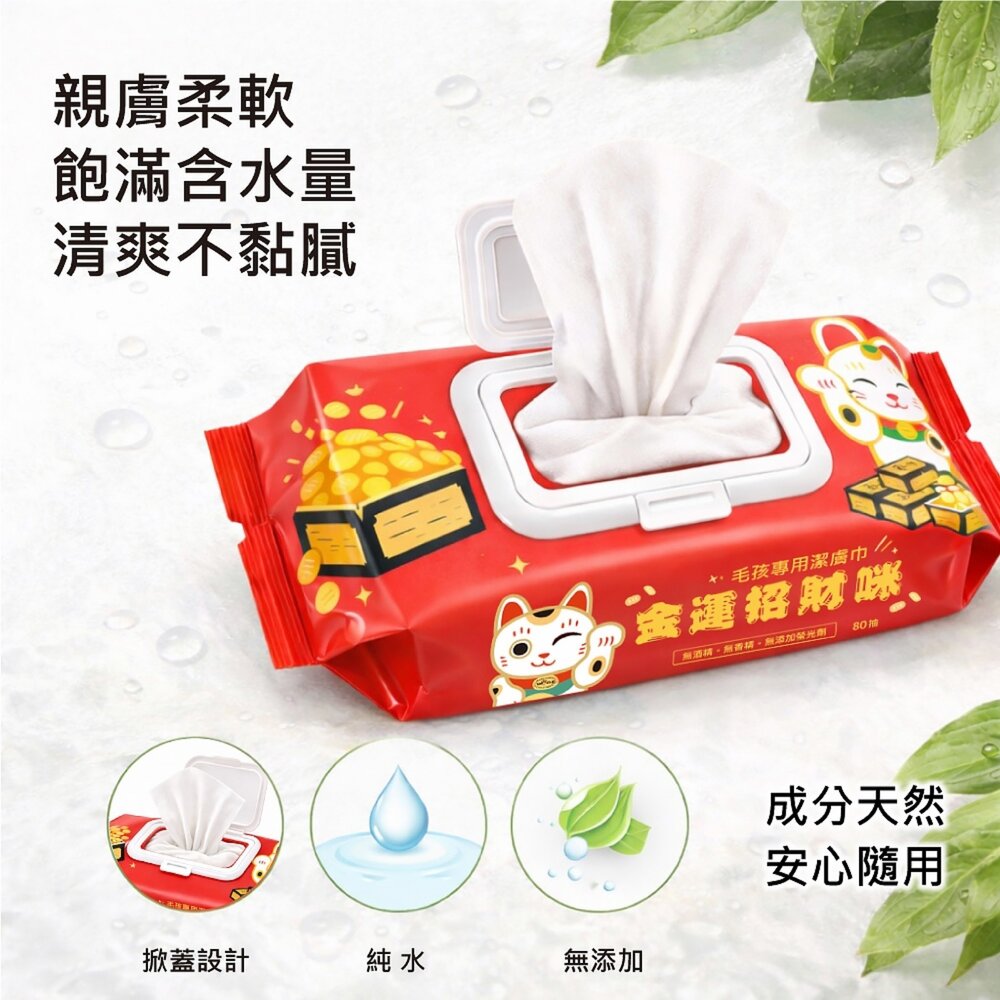 Lucky Cat 招財 金運招財咪濕紙巾 80抽 純水 加厚 耐拉扯 不變形 鎖水保濕 寵物濕紙巾『WANG』-圖片-5