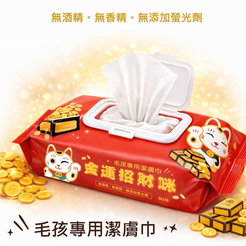 Lucky Cat 招財 金運招財咪濕紙巾 80抽 純水 加厚 耐拉扯 不變形 鎖水保濕 寵物濕紙巾『WANG』-圖片-5