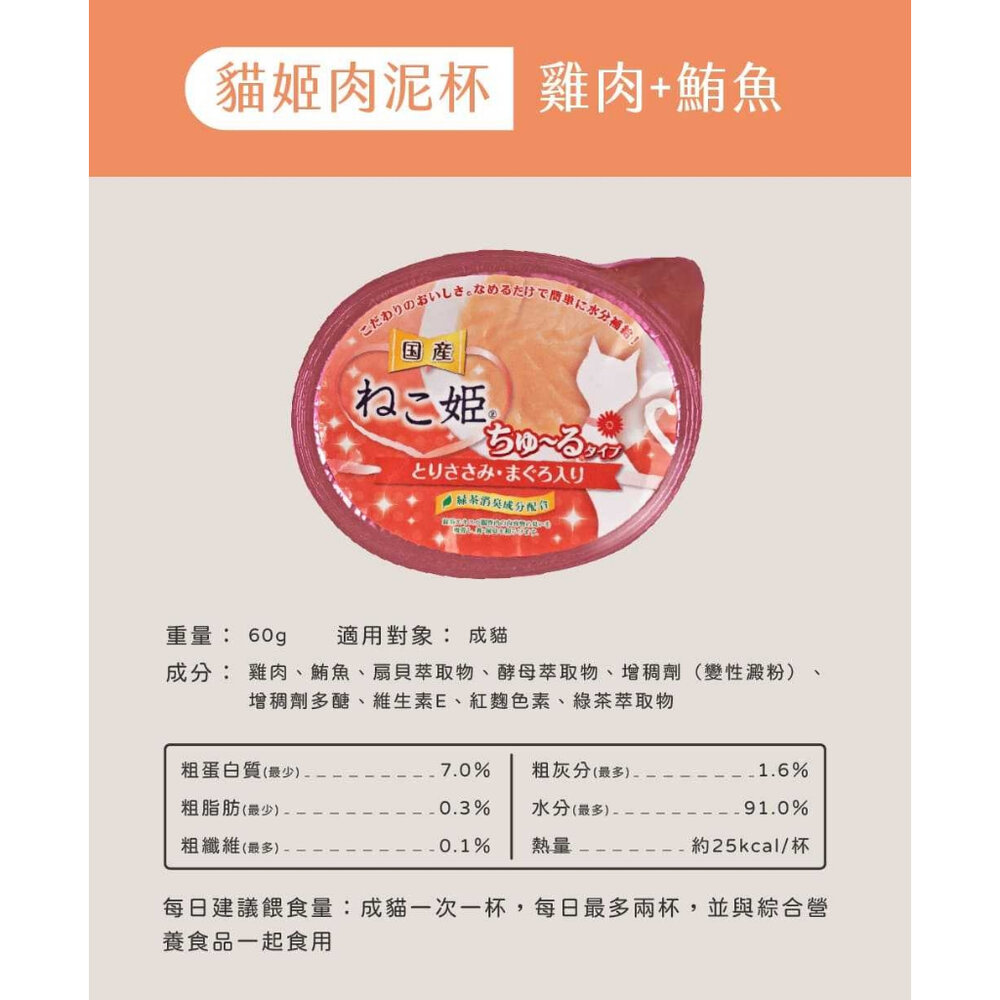 貓姬 貓用肉泥杯 60g【單罐】成幼貓 肉泥罐 貓點心 貓副食 貓肉泥『WANG』-圖片-5