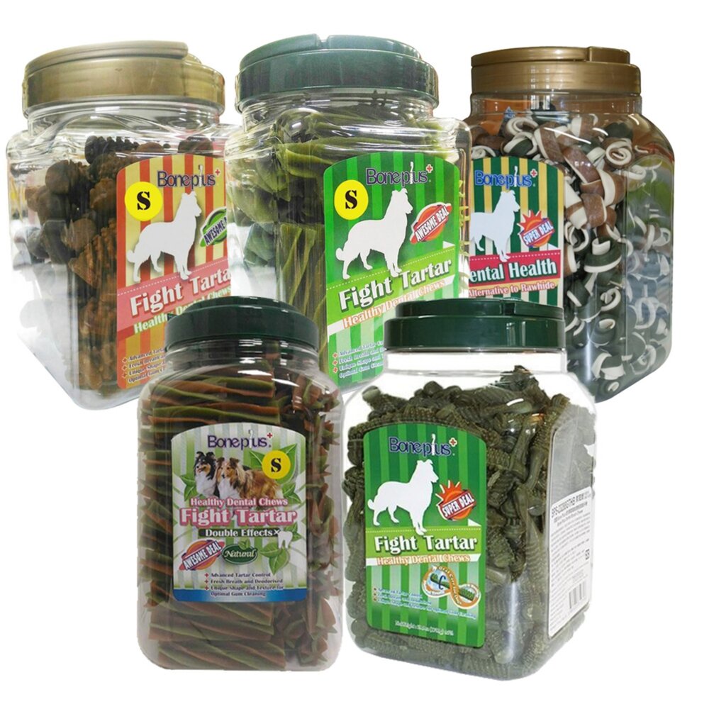 BONE PLUS 潔牙棒1000g-1100g 家庭號桶裝 雙頭 六星 雙色骨結 起司六星 狗潔牙骨『WANG』-圖片-1
