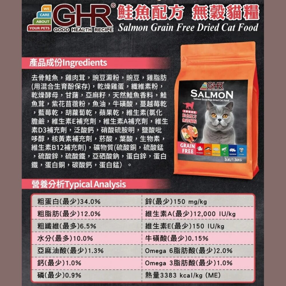 GHR 健康主義 無榖貓糧 3lbs(1.36KG) 鮭魚配方|雞肉配方 全齡貓 無穀 貓糧 貓飼料『WANG』-圖片-3