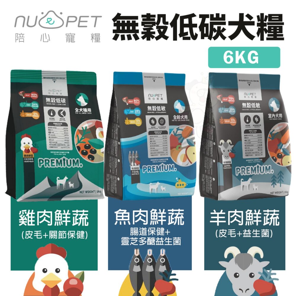 8844466608-NU4PET 陪心寵糧  無穀犬糧 6kg 雞肉 室內犬羊肉 魚肉 狗飼料『WANG』