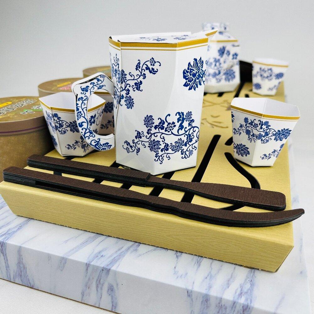 紙紮茶具組 - 藍白花瓷茶壺茶杯 | 祭祀法會補財庫最佳選擇-圖片-7