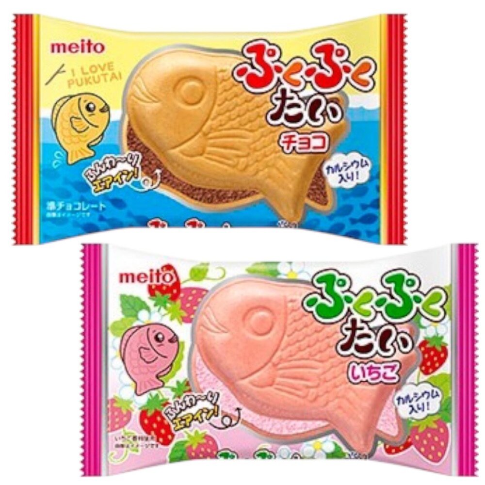 日本 名糖 Meito 鯛魚燒 巧克力風味 草莓風味 威化餅 魚型餅乾 鯛魚燒餅乾 夾心餅乾-圖片-1