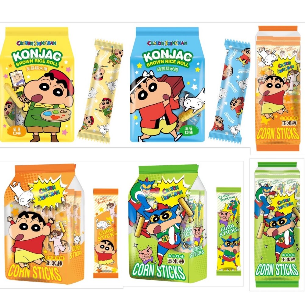 25927583741-台灣 北田 蠟筆小新 玉米棒 餅乾 玉米濃湯味 海苔味 蛋黃口味 糙米捲 蒟蒻糙米棒