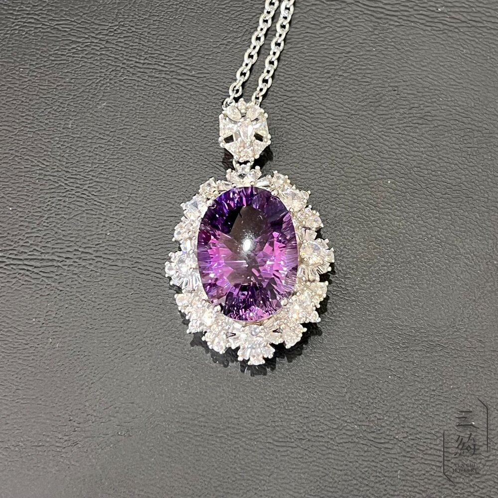 紫水晶 濃色 立體 精雕 頂級 清透 寶石切割 銀鑲 吊墬 (不含鍊)-圖片-2