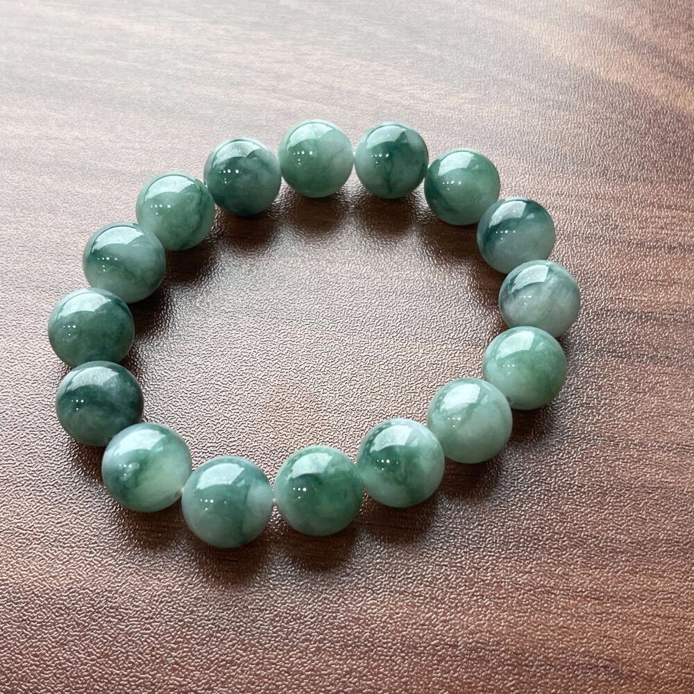 A26028-天然緬甸翡翠A貨 老種 滿綠 飄藍花 手串 12mm