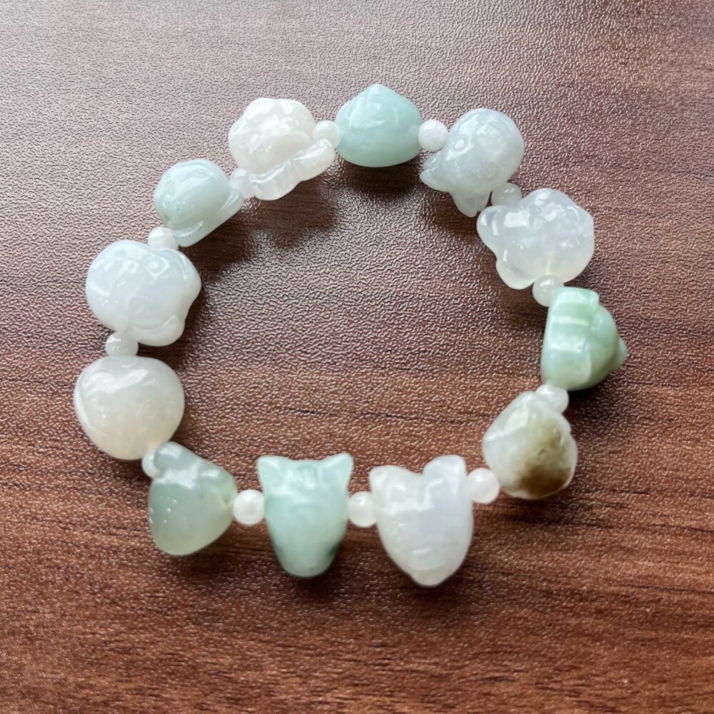 B89321-天然緬甸A貨翡翠。冰潤 飄花 黃翡 十二生肖 造型 手串