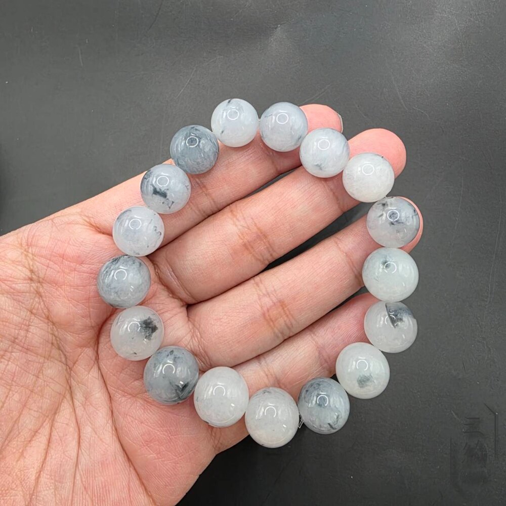 天然緬甸A貨翡翠。冰潤飄藍花水墨國風手串12mm【B89419】 - 云綺珠寶