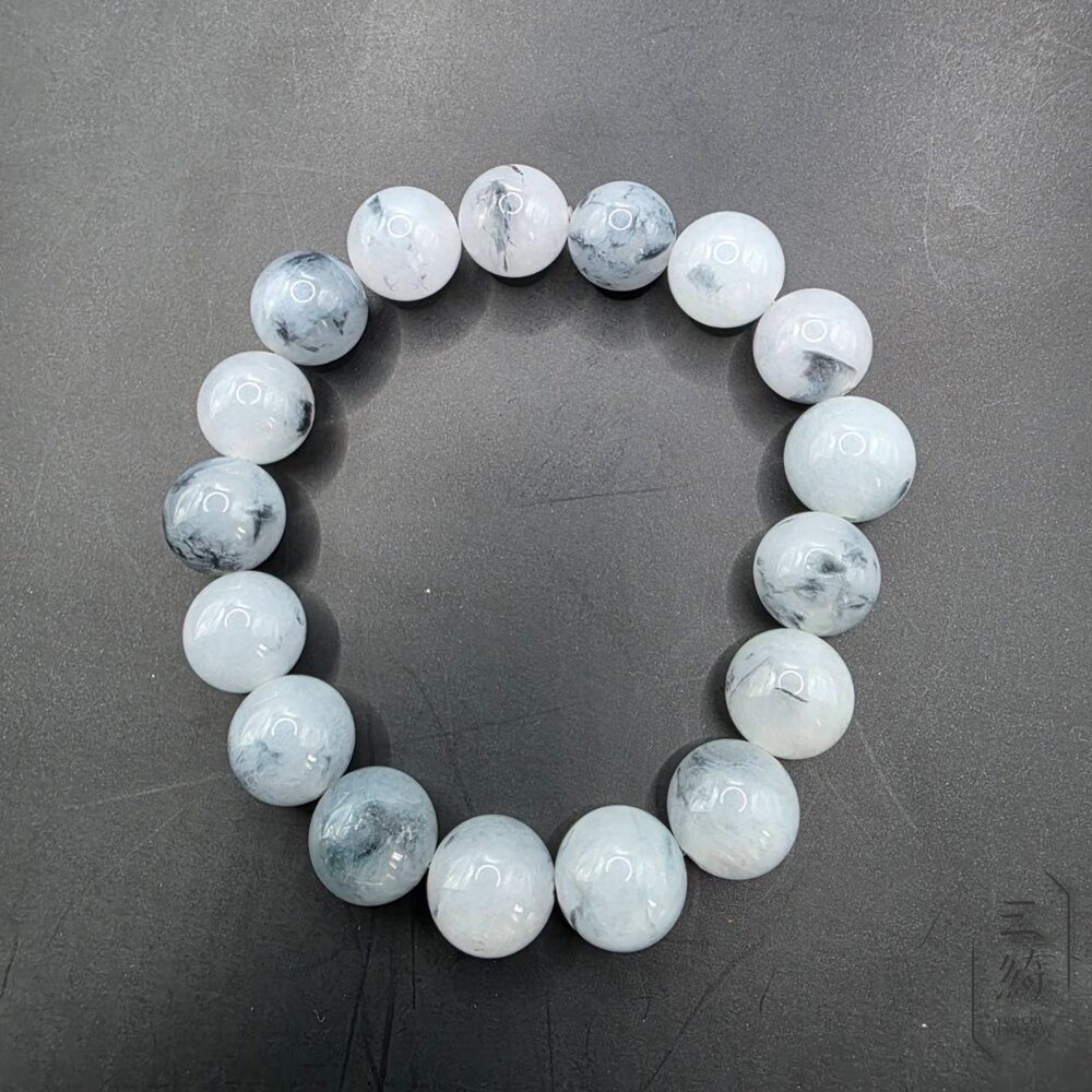 天然緬甸A貨翡翠。冰潤飄藍花水墨國風手串12mm【B89419】 - 云綺珠寶