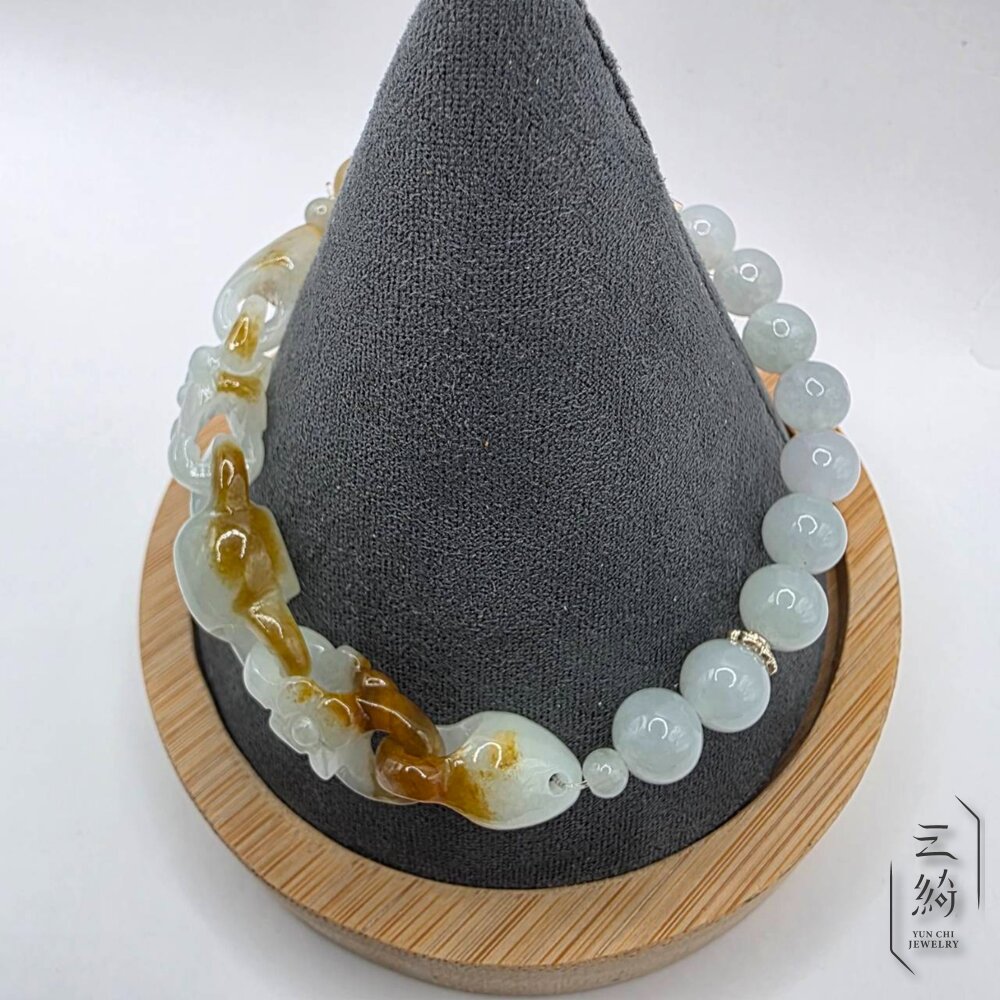翡翠。獨家手作系列 冰種 焦黃翡 花朵 環環相扣 設計款 手串-圖片-3