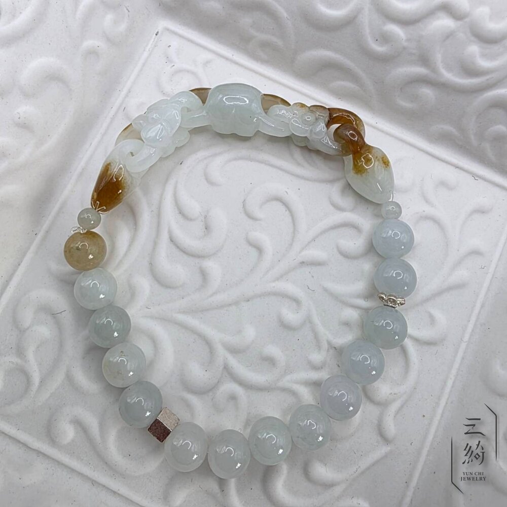 翡翠。獨家手作系列 冰種 焦黃翡 花朵 環環相扣 設計款 手串-圖片-9