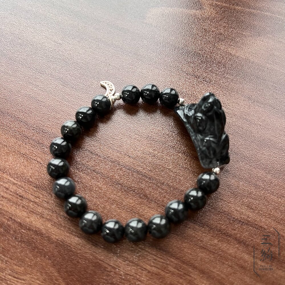 翡翠。獨家手作系列 烏雞 三腳金蟾 瓜瓜來財 墨翠 銀飾設計手串-圖片-2