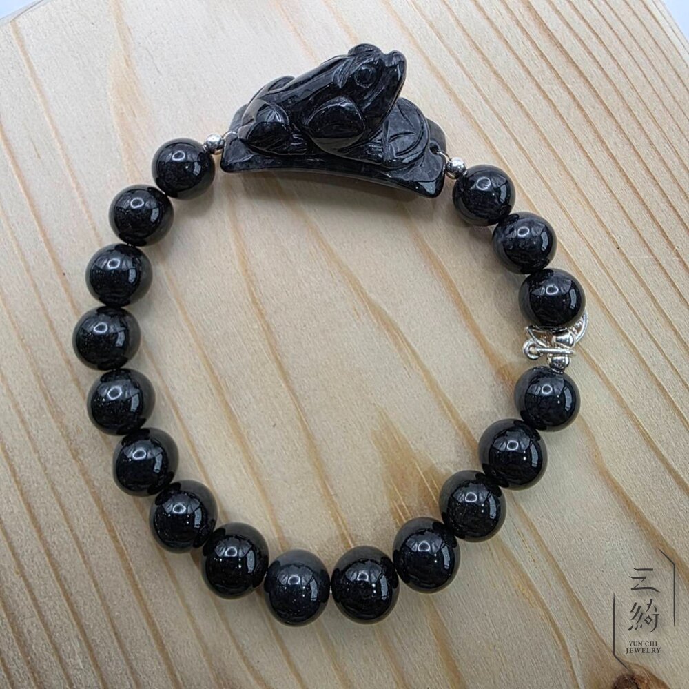 翡翠。獨家手作系列 烏雞 三腳金蟾 瓜瓜來財 墨翠 銀飾設計手串-圖片-3