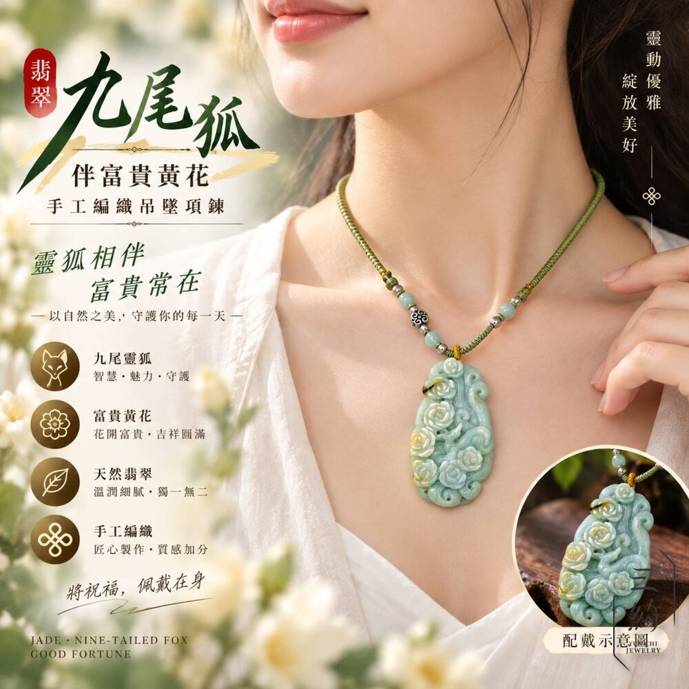 天然緬甸A貨翡翠。九尾狐 伴黃花 雙面 立體雕工 銀飾設計 項鍊-圖片-8