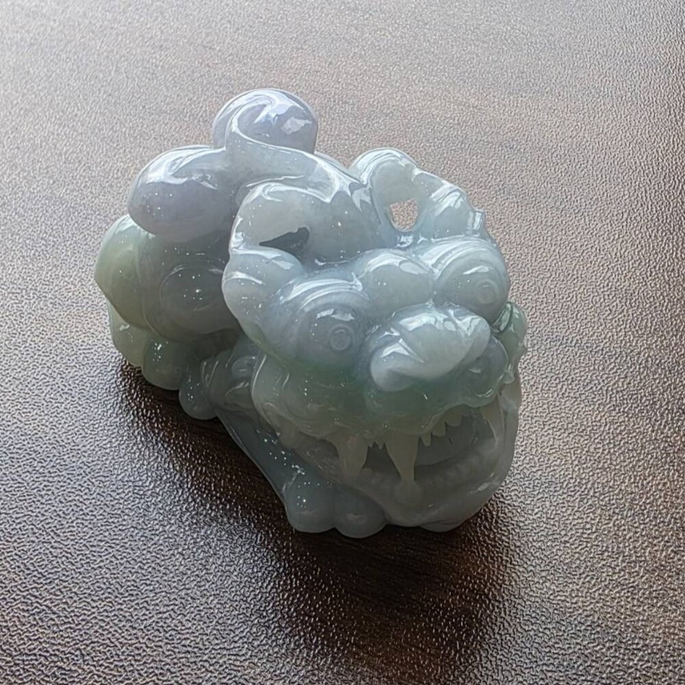 G36201-天然緬甸A貨翡翠 冰潤 春彩 如意 貔貅 精雕 擺件 手把件