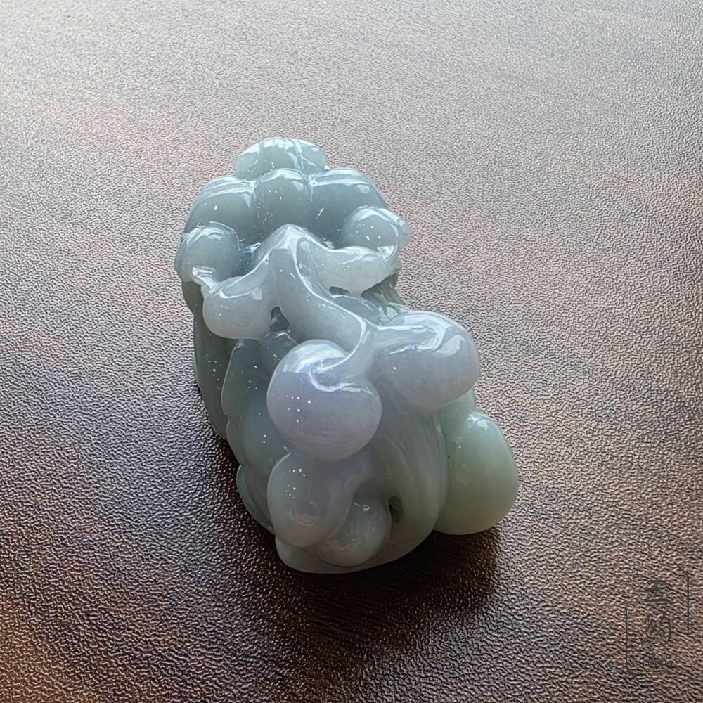 天然緬甸A貨翡翠 冰潤 春彩 如意 貔貅 精雕 擺件 手把件-圖片-3