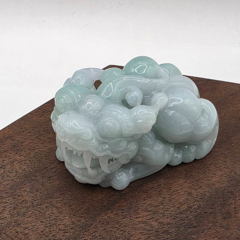 天然緬甸A貨翡翠 冰潤 飄陽綠 如意 貔貅 精雕 擺件 手把件-圖片-7
