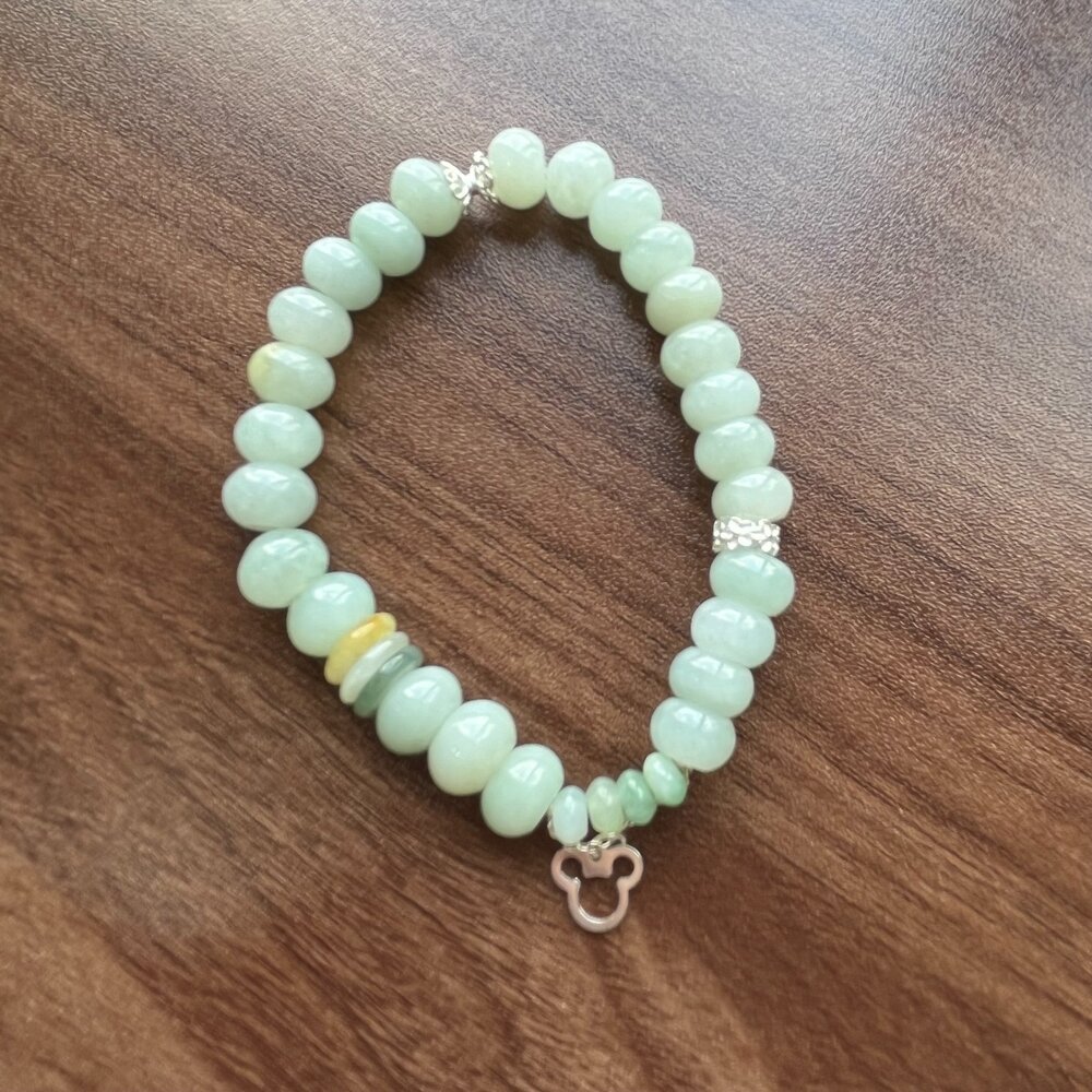 G38912-天然緬甸A貨翡翠。獨家手作系列  冰種 卡通 童趣 銀鍊 盤珠 設計 手串 8mm+