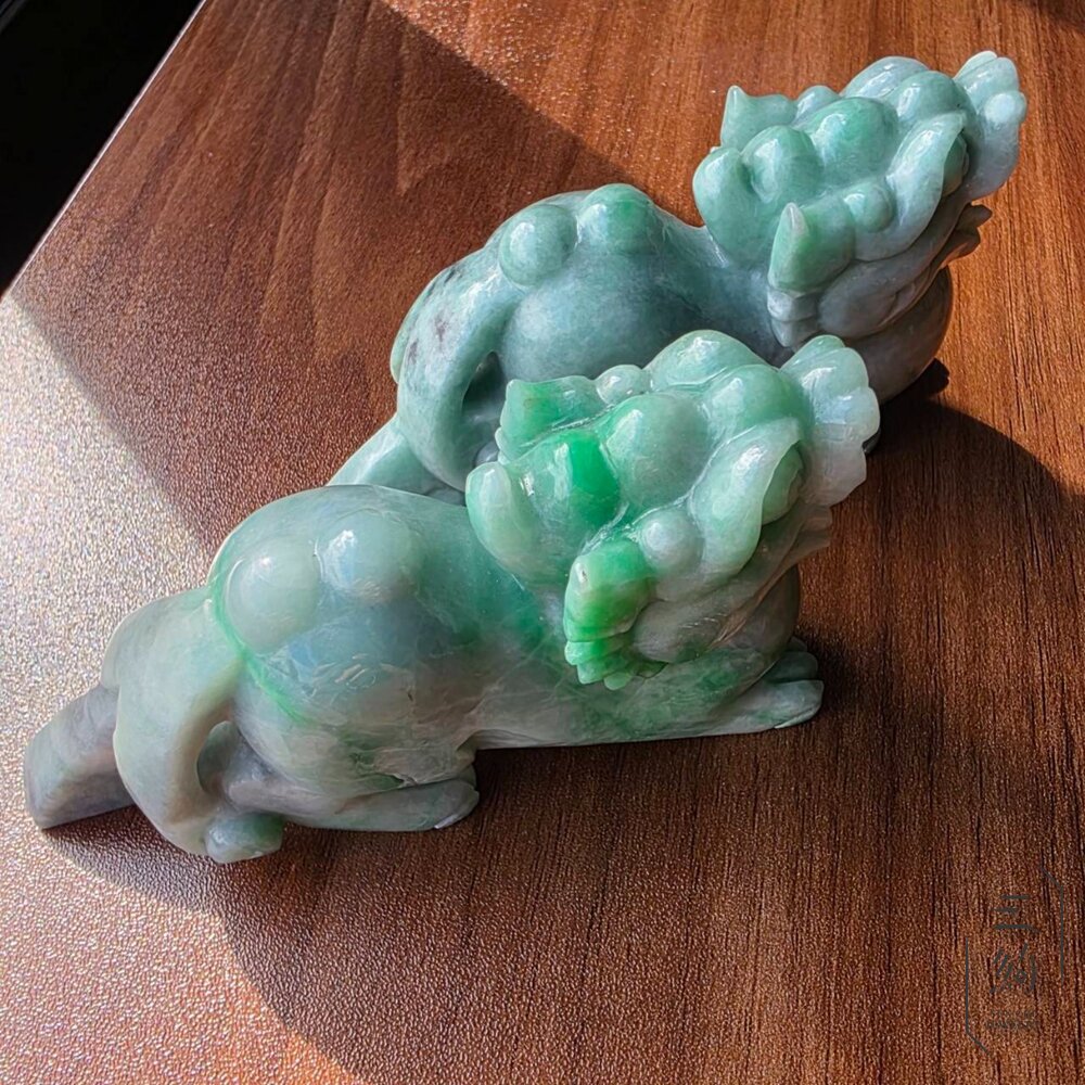 天然緬甸A貨翡翠 福綠 陽綠飄花 貔貅 擺件 成對 封面照片