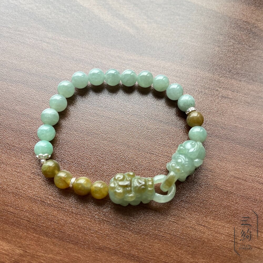 翡翠。獨家手作系列 冰種 秋香 漸變色 雙貔貅 環環相扣 富貴 銀飾設計款 手串 封面照片