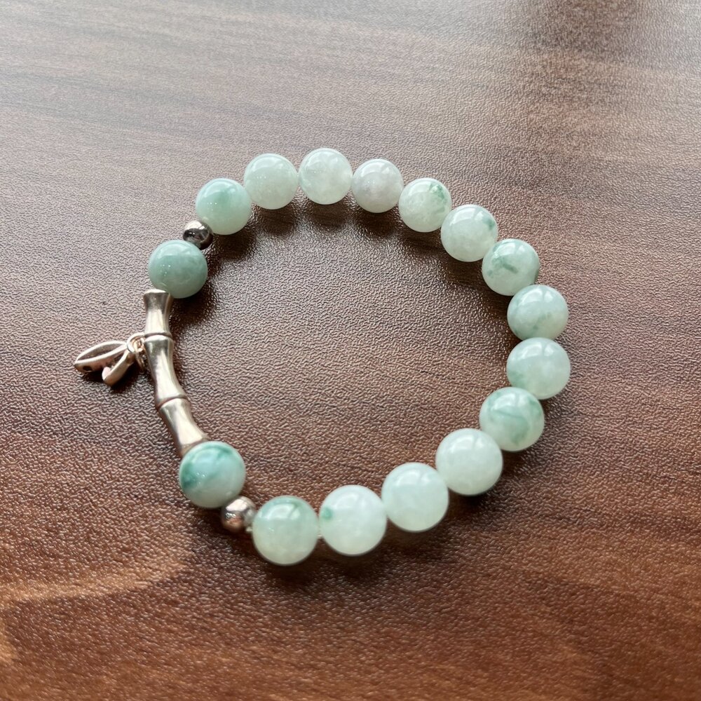 G83818-翡翠。獨家手作系列 冰種飄藍花 竹節高昇 銀飾設計款 手串 9mm