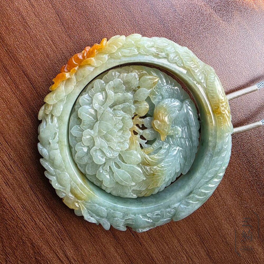 翡翠。黃加綠飄紅翡 丹鳳朝陽 牌件 飄刻鐲 套鐲 手鐲 56.6 封面照片