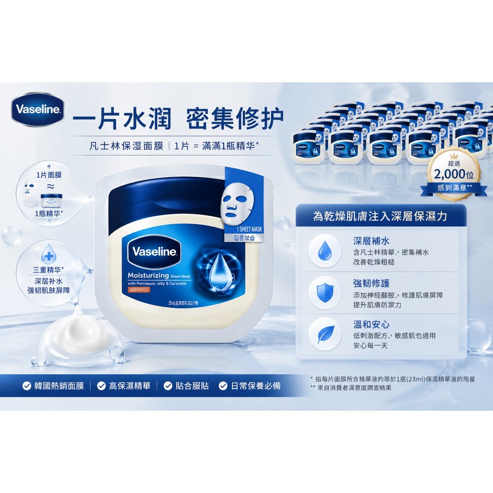  Vaseline 凡士林 保濕面膜 單片｜高保濕 修護補水 韓國面膜 單片包裝 水潤透亮
