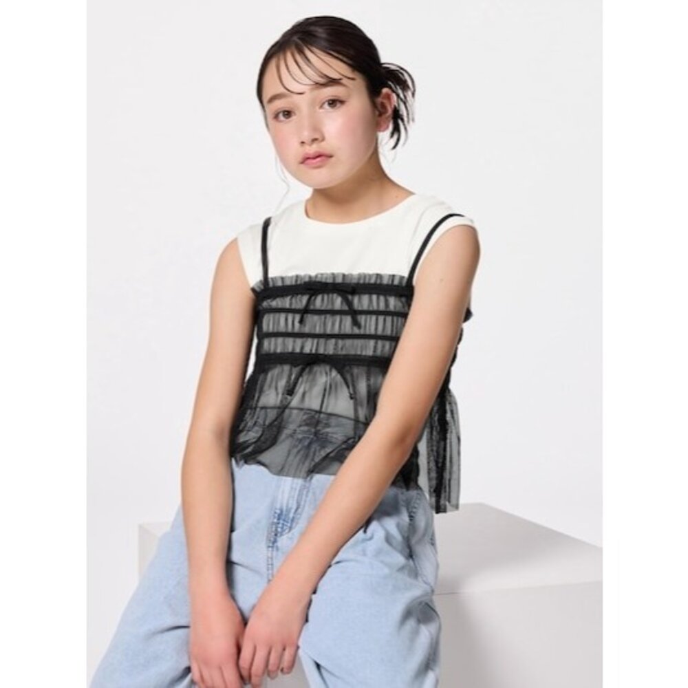 43851354118-日本代購 GU 童裝 TEEN 兩件式網紗細肩帶T恤組 小隻馬女大也適穿