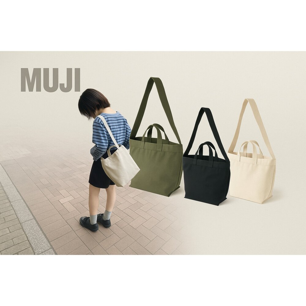 D0405-日本限定 《無印良品 2WAY帆布托特包》大容量手提側背兩用／可放A4／通勤通學旅行袋 21L